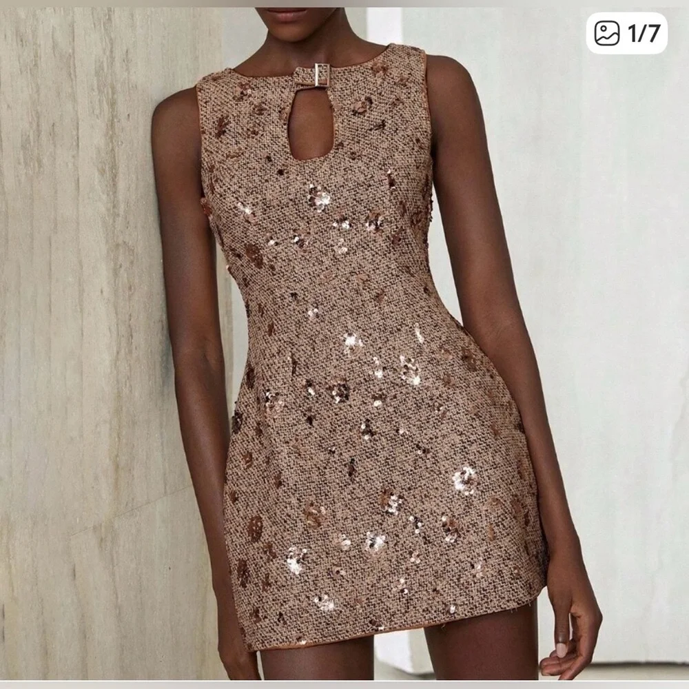 Brown Party Women's Mixed Tweed Fabric With Sequins Design mini Dress. - Picture 1 of 13